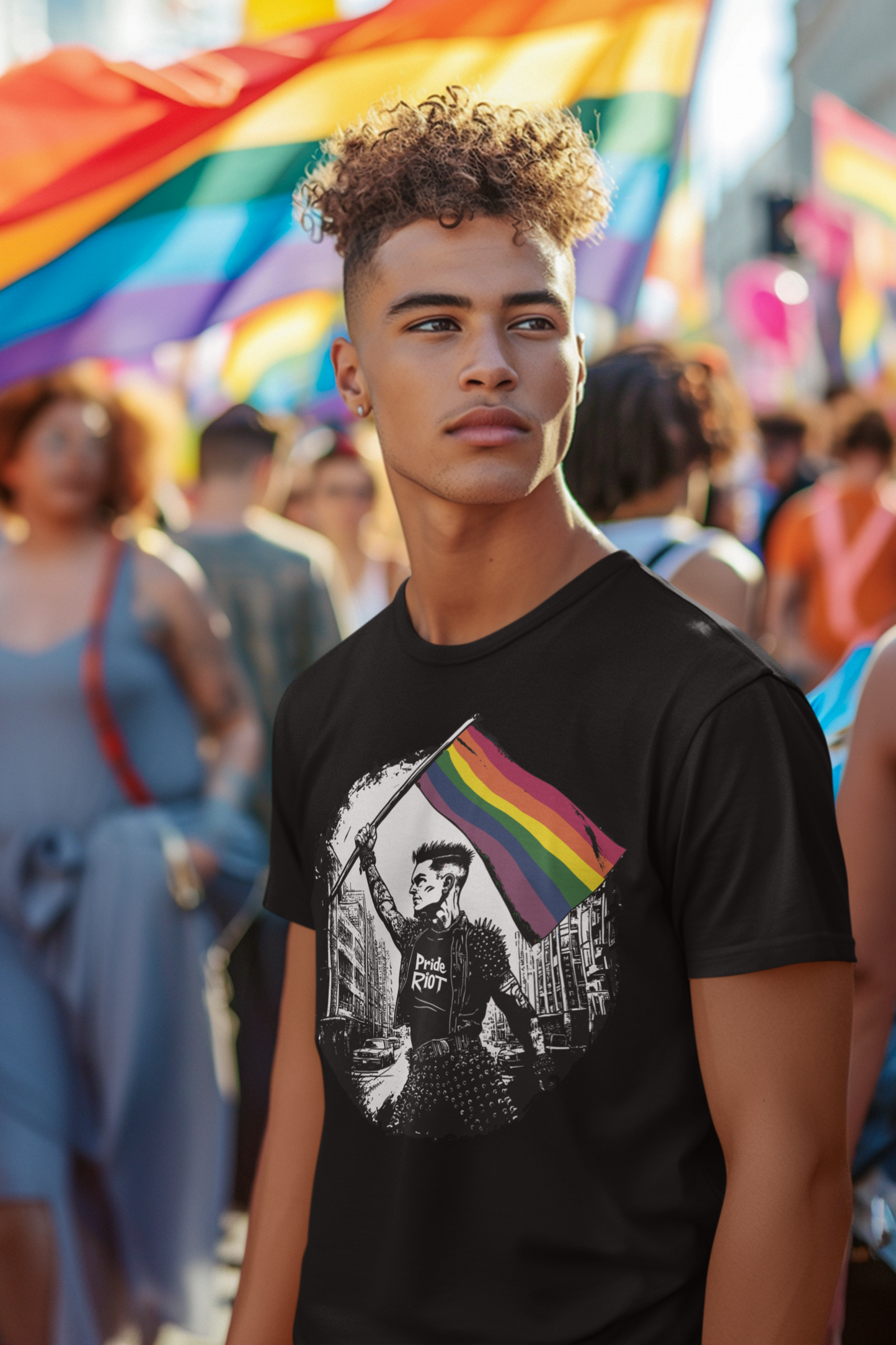 Riot Flagbearer Tee – Queer Punk Protest Shirt – Unisex LGBTQ+ 2025 Pride Graphic by Pride Riot