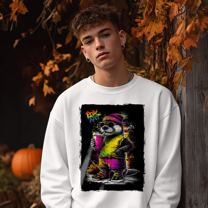 Person wearing a white sweatshirt with a colorful sloth graphic in an autumn setting