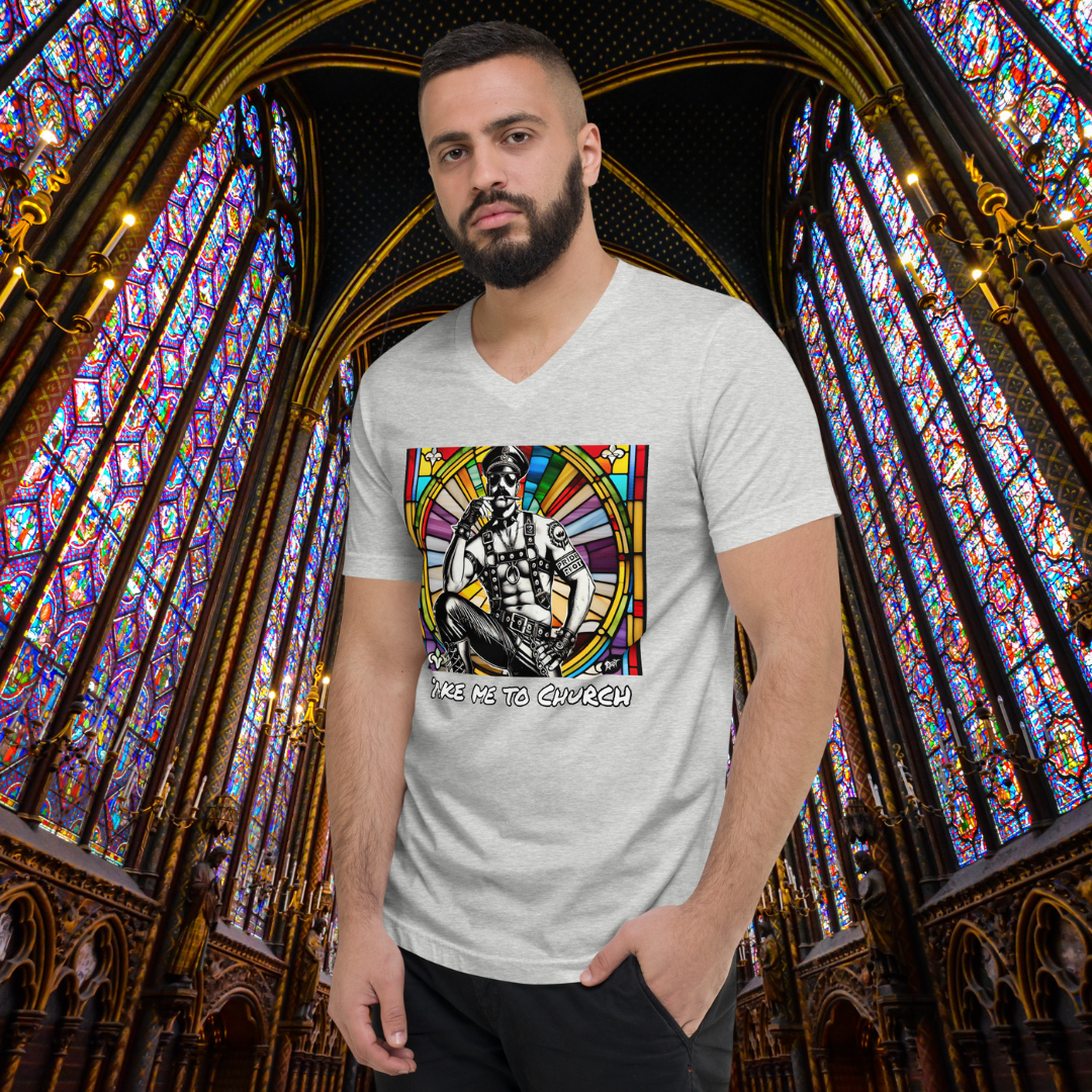 Take Me to Church V-Neck T-Shirt β Queer Punk Leather Daddy Tee | Pride Riot Official