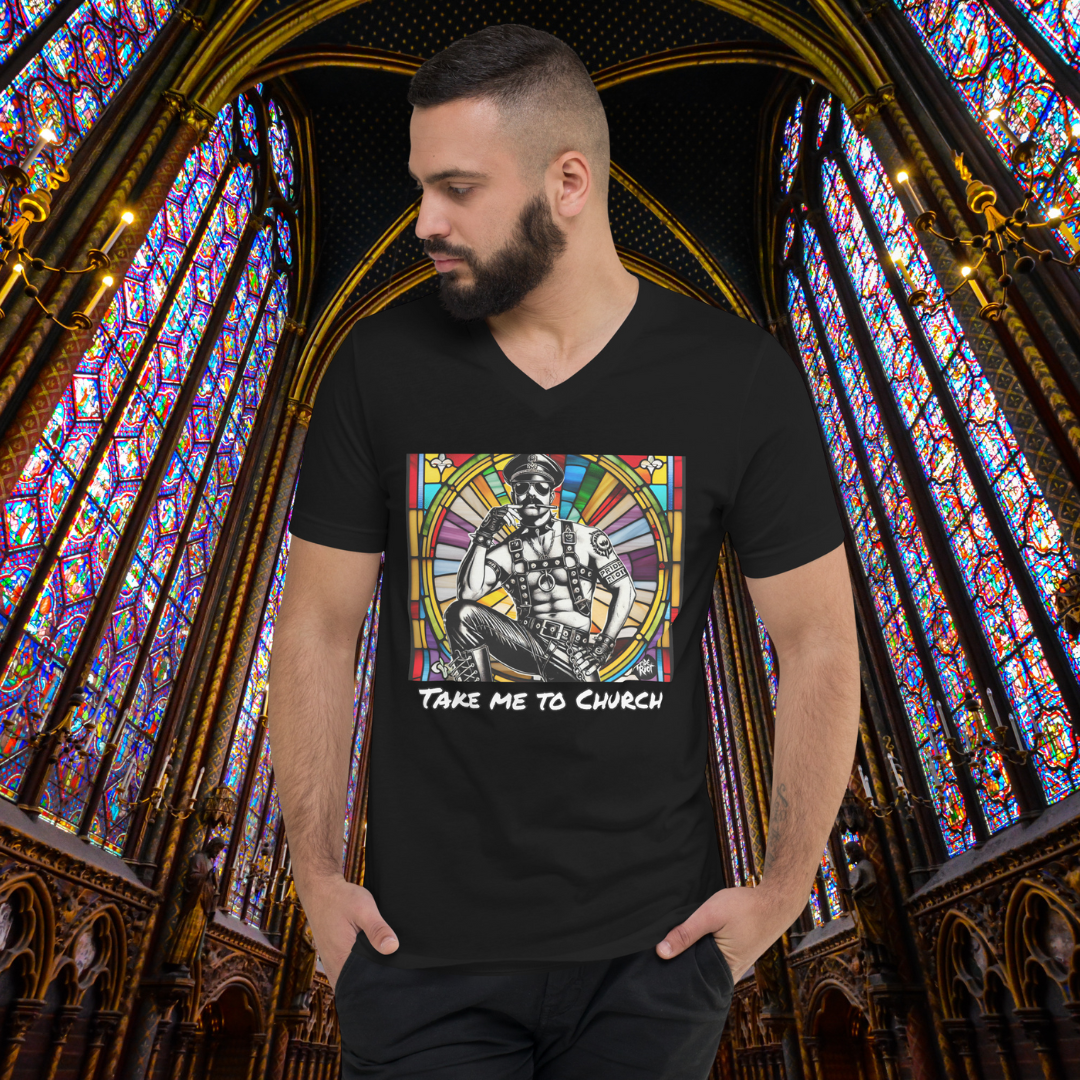 Take Me to Church V-Neck T-Shirt β Queer Punk Leather Daddy Tee | Pride Riot Official