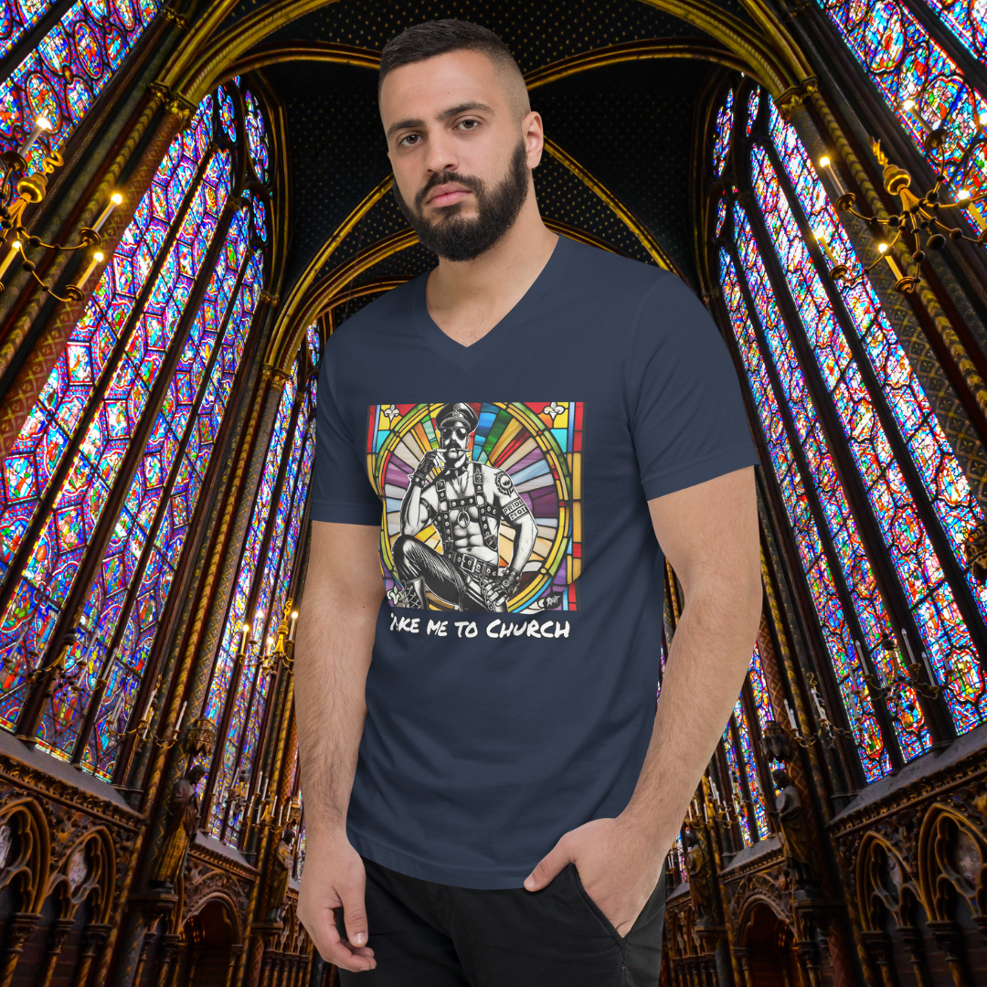 Take Me to Church V-Neck T-Shirt β Queer Punk Leather Daddy Tee | Pride Riot Official