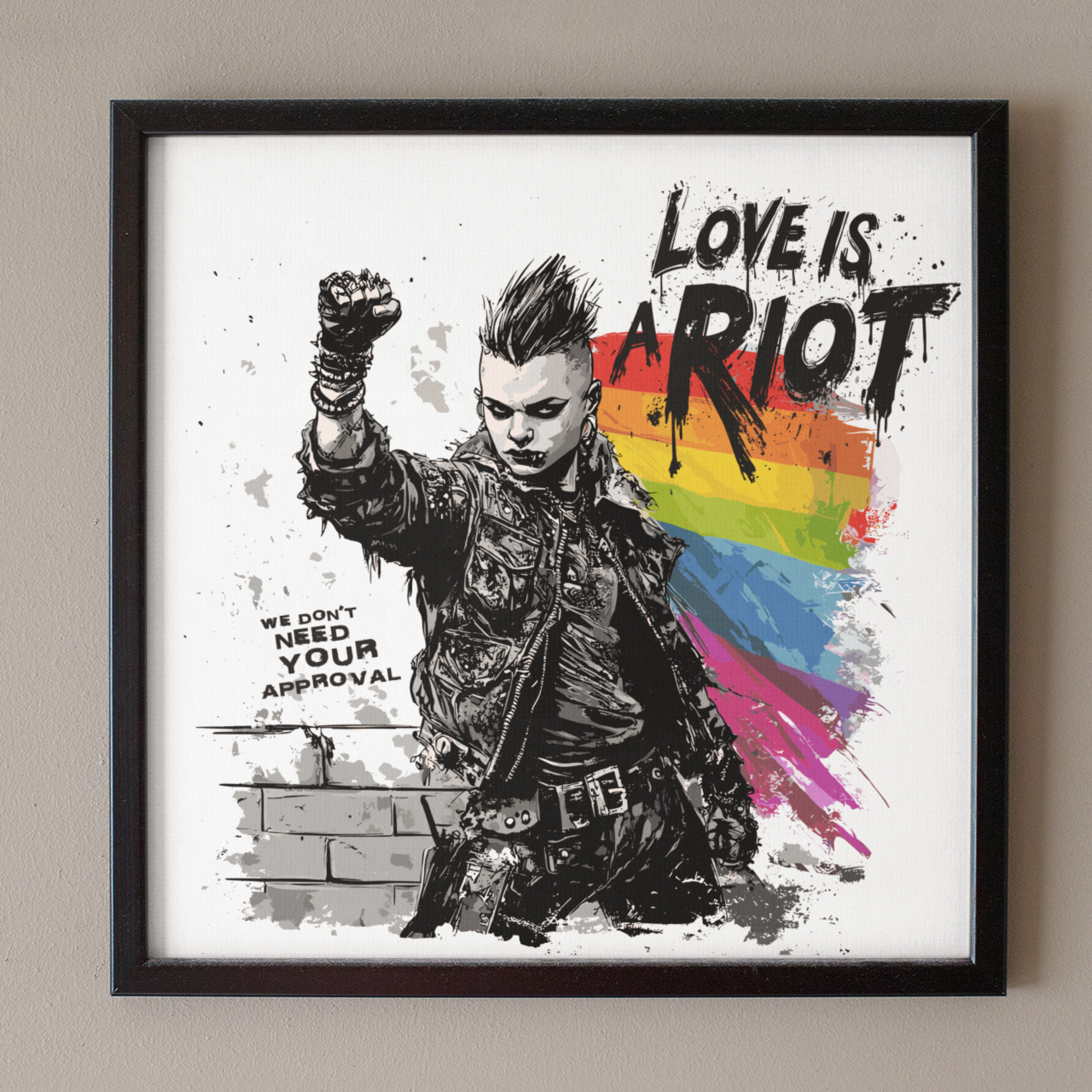 Love Is a Riot – Framed Queer Punk Poster (Rainbow Protest Art, Matte Print)