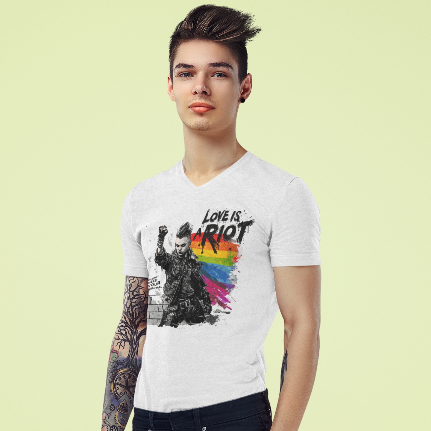 Love Is a Riot LGBTQ+ Punk Pride V-Neck – White Unisex Tee for Queer Rebels 2025