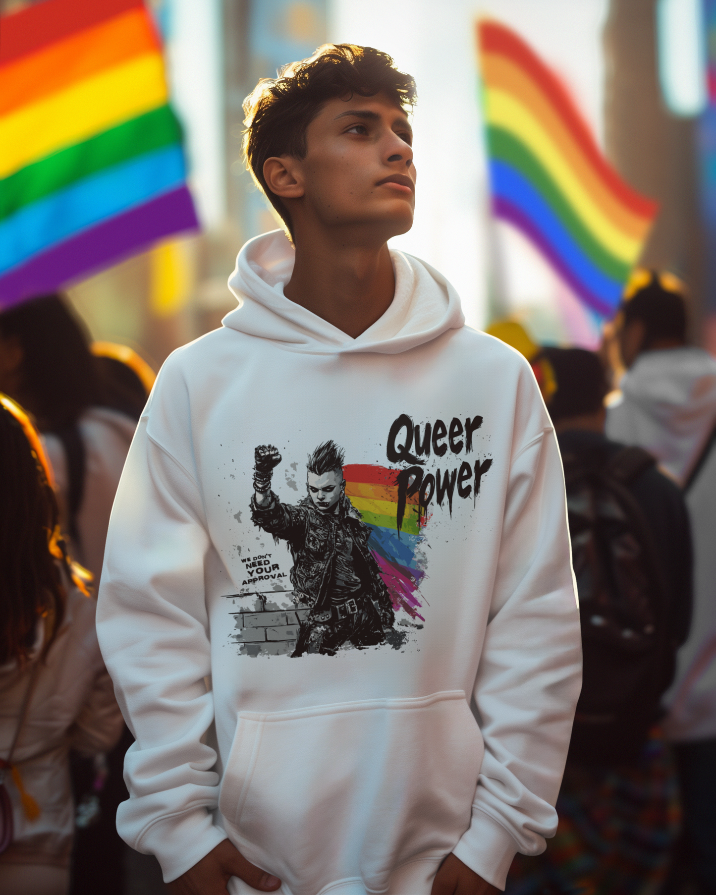 QUEER POWER Hoodie – Light Edition | LGBTQ+ Pride Sweatshirt, Unisex Fit, Punk Streetwear for Protest & Everyday Rebellion