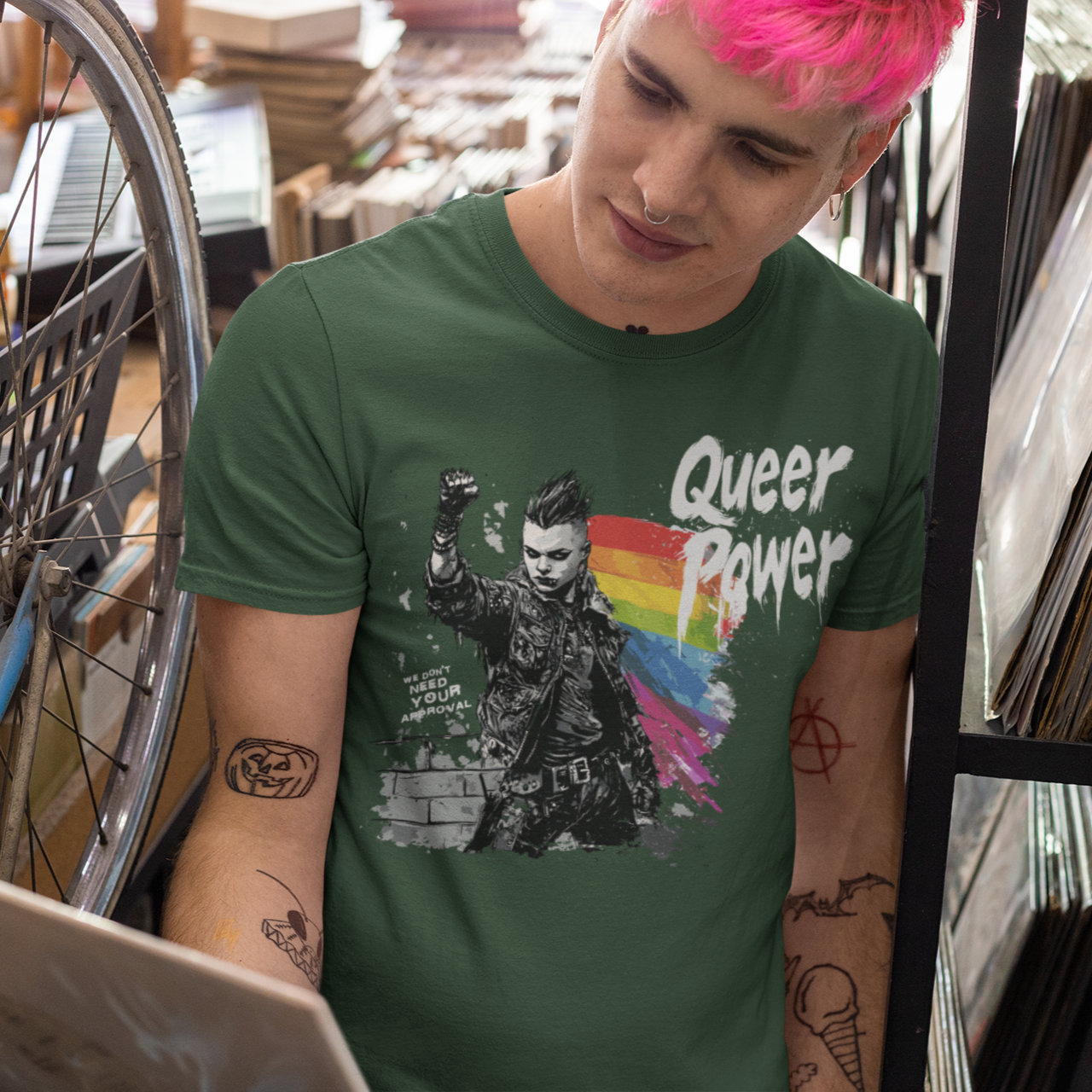 QUEER POWER TEE โ DARK (STANDARD EDITION) | LGBTQ+ Pride Shirt, Unisex Fit, Punk Protest Graphic