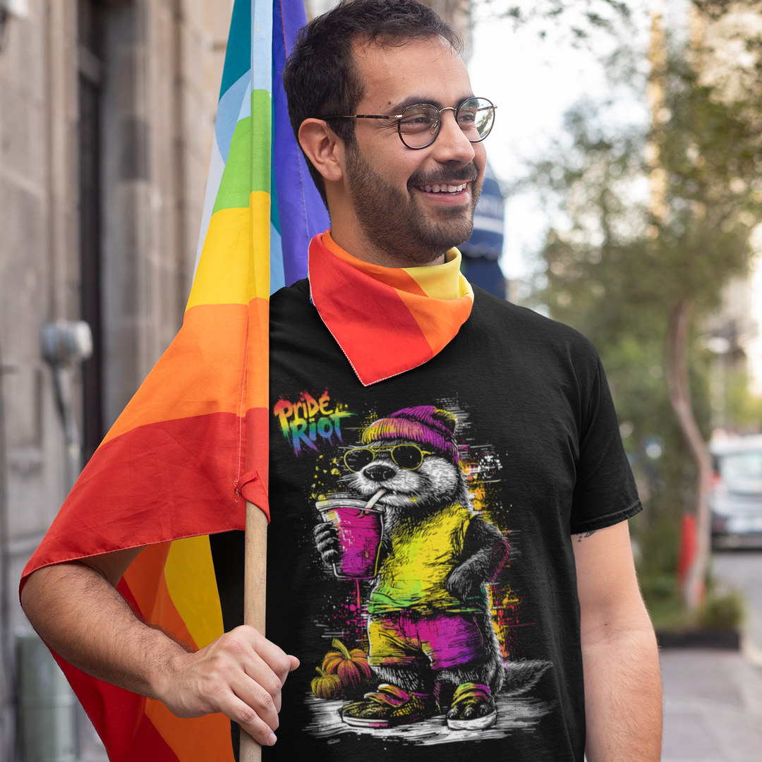 Man wearing a black t-shirt with a colorful panda design, holding a rainbow flag.