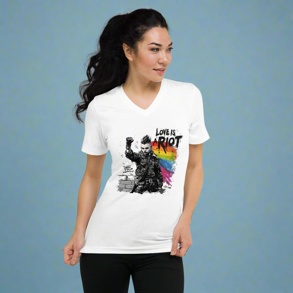 Love Is a Riot LGBTQ+ Punk Pride V-Neck – White Unisex Tee for Queer Rebels 2025