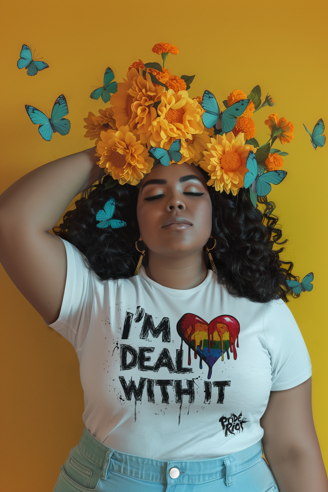 Woman with sun flowers on her head wearing a Pride Riot Bleeding Hearts Tee