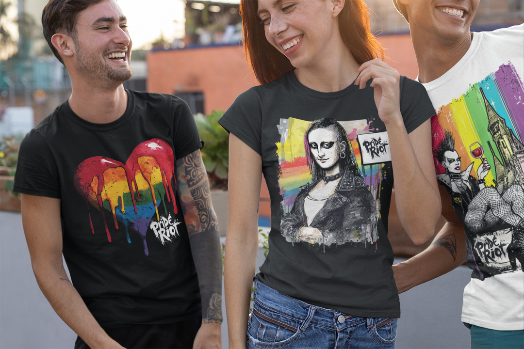 Pride Riot — three friends in Bleeding Heart, Punk Mona Lisa and rainbow tees