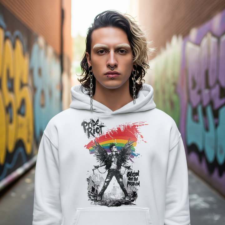 Blessed Are the Persecuted Hoodie – Queer Punk Angel LGBTQ+ Pride Sweatshirt, Gothic Wings Rainbow Protest Hoodie (Unisex)