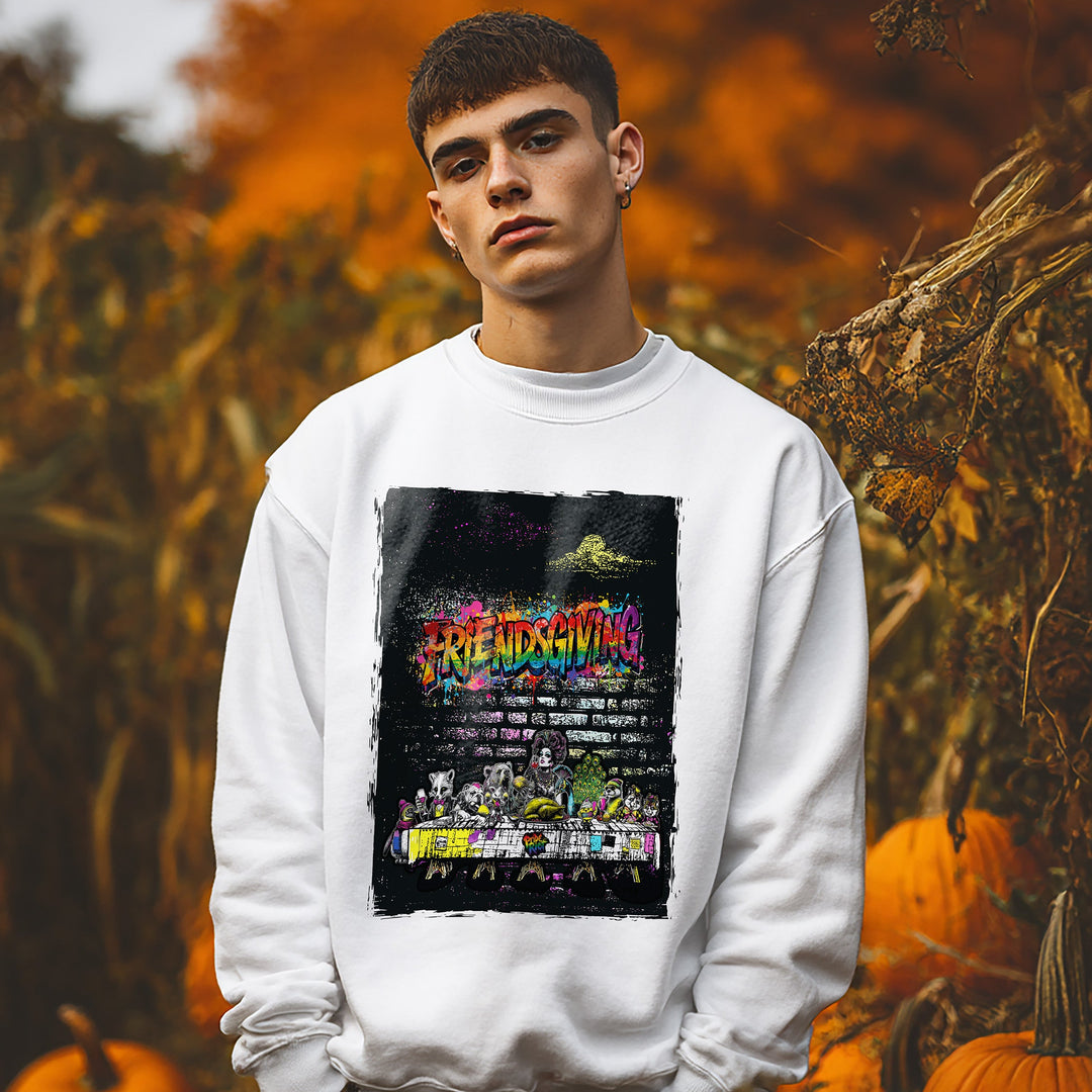 Person wearing a white sweatshirt with a colorful graphic design in an autumn setting with pumpkins.