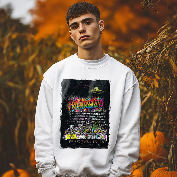 Person wearing a white sweatshirt with a colorful graphic design in an autumn setting with pumpkins.