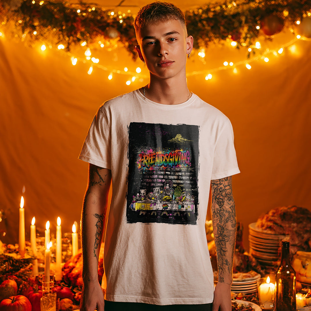 Person wearing a t-shirt with a graphic design in a festively decorated indoor setting with string lights and candles.