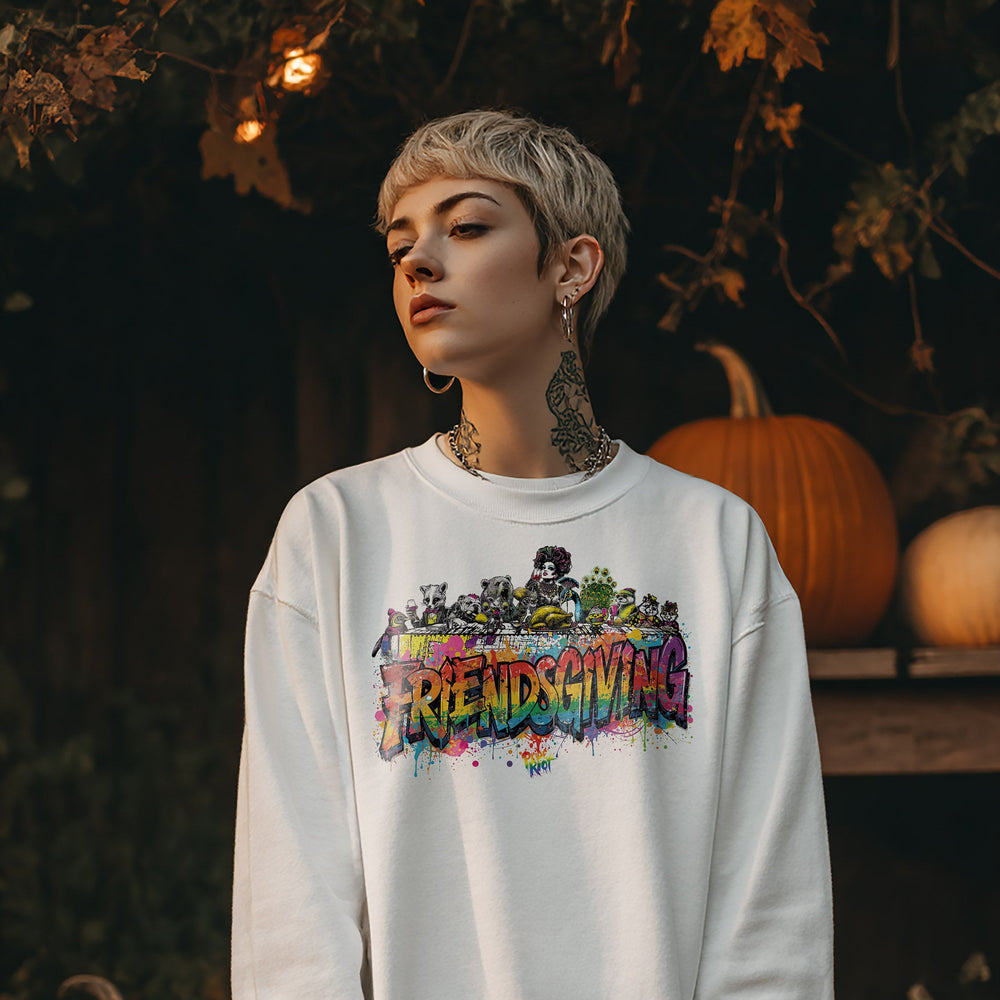 Person wearing a 'Friendsgiving' sweatshirt with pumpkins in the background