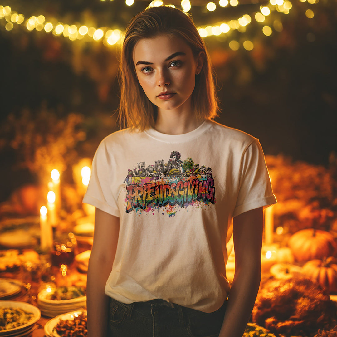 Person wearing a 'Friendsgiving' t-shirt in a festive outdoor setting with lights and candles.