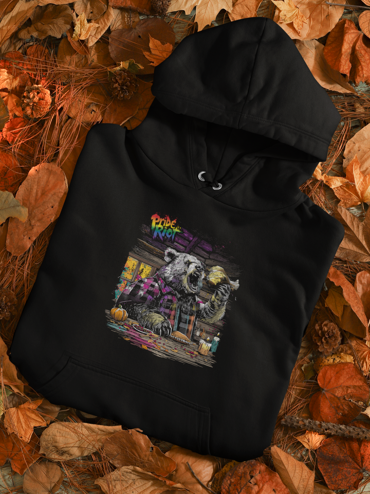 Friendsgiving Bear hoodie — black, front — Pride Riot