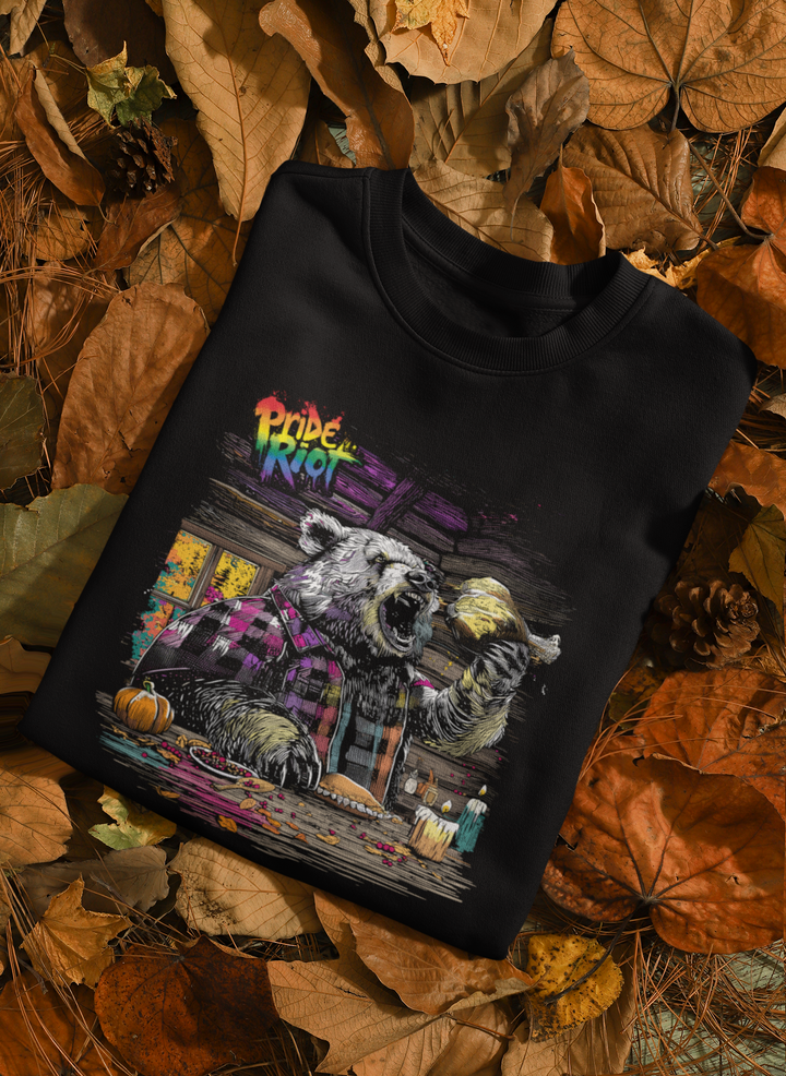 Friendsgiving Bear sweatshirt — black, front — Pride Riot