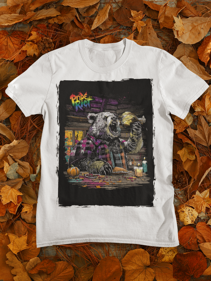 Friendsgiving Bear tee — white, front — Pride Riot