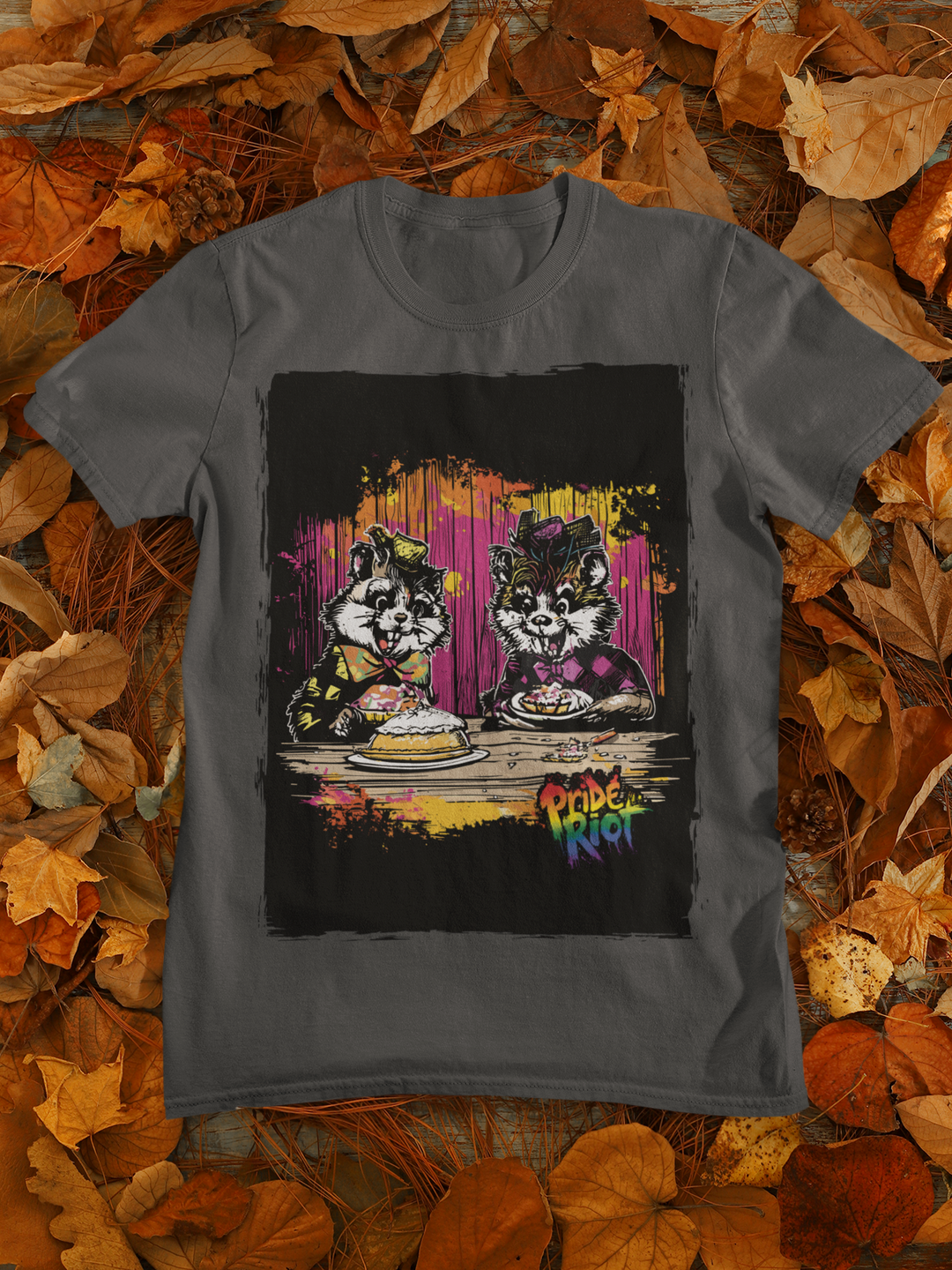 Friendsgiving Beavers tee — dark grey heather, front — Pride Riot