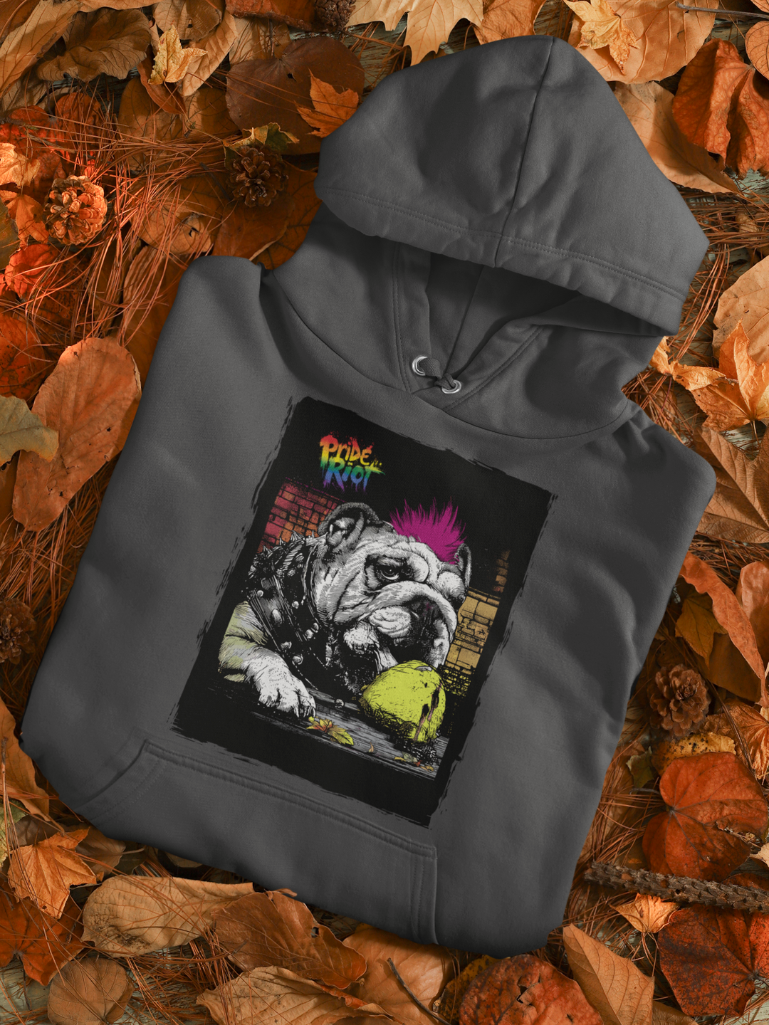 Friendsgiving Bulldog hoodie — india ink grey, worn — Pride Riot