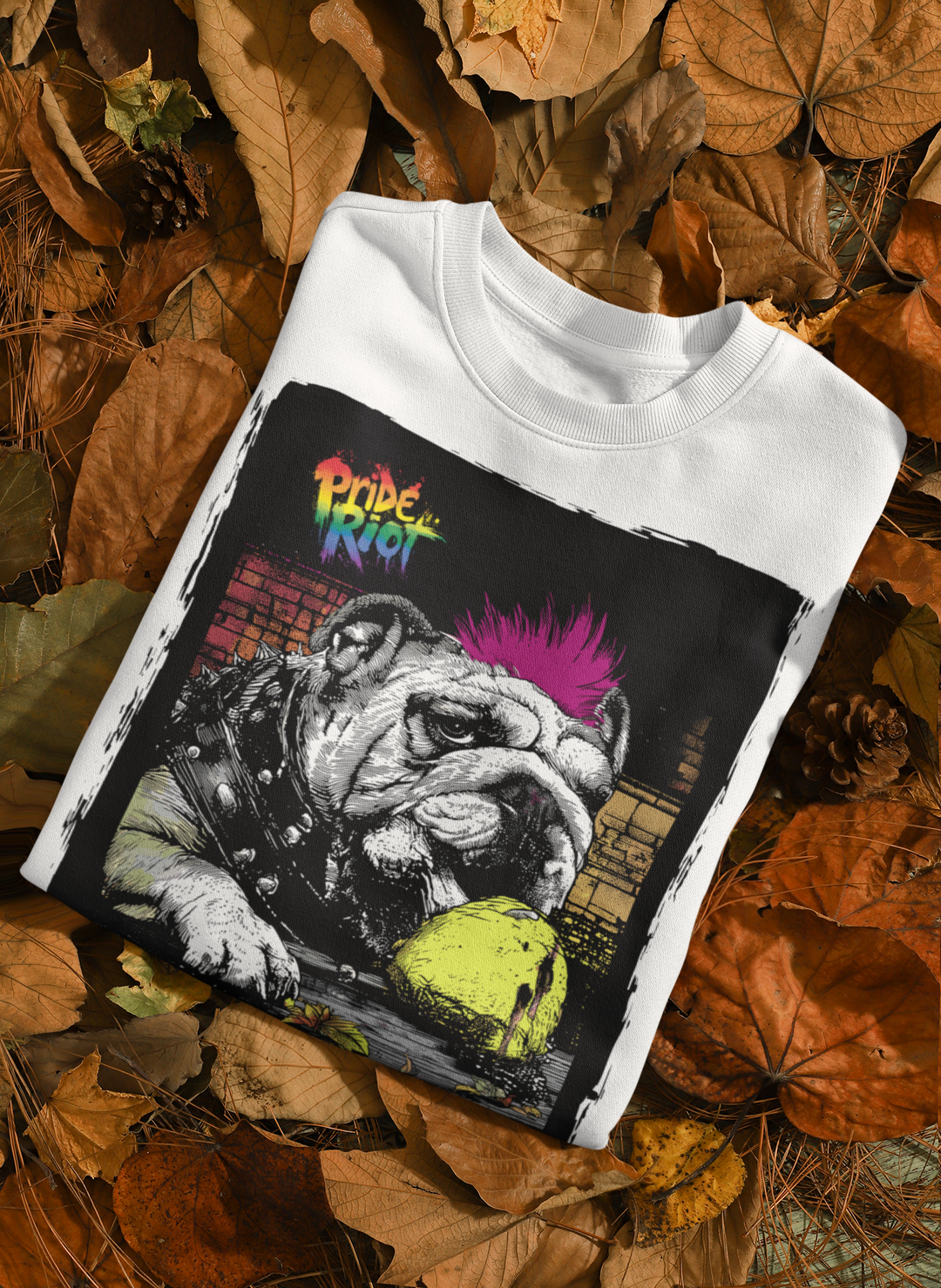 Friendsgiving Bulldog sweatshirt — white, flat — Pride Riot