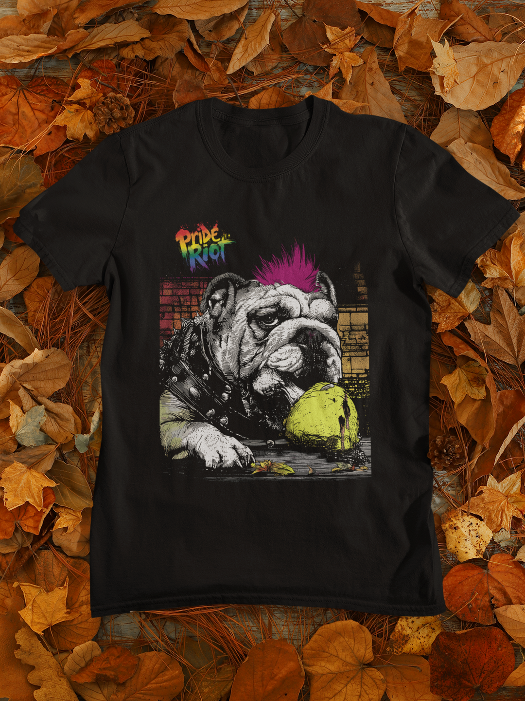 Friendsgiving Bulldog tee — black, flat — Pride Riot
