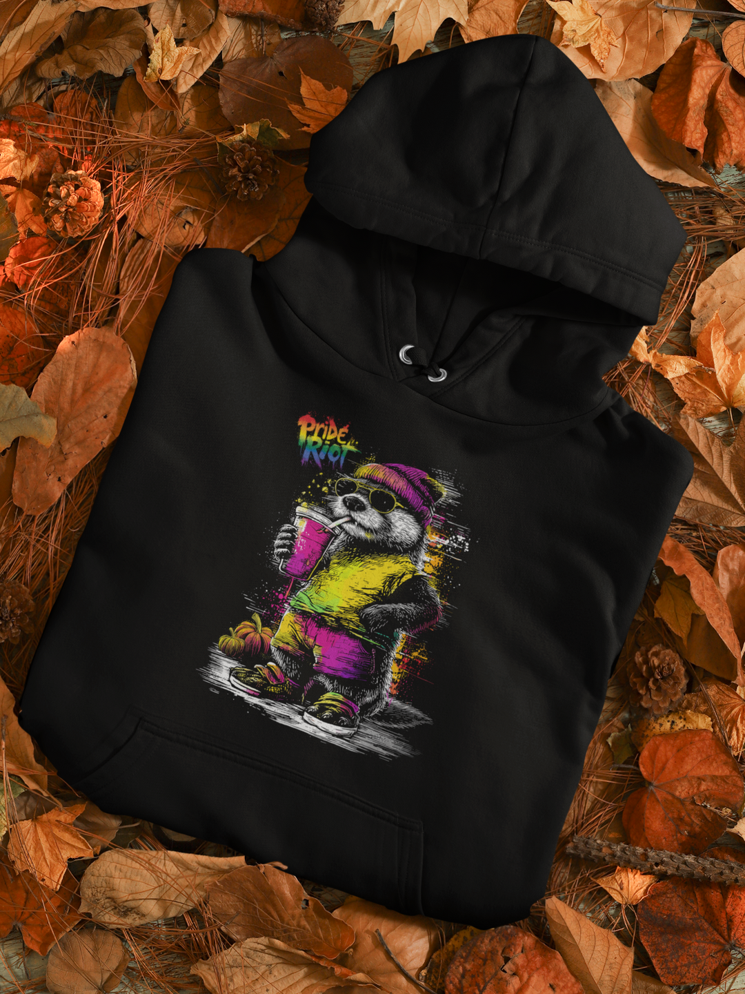 Friendsgiving Otter hoodie — black, front — Pride Riot