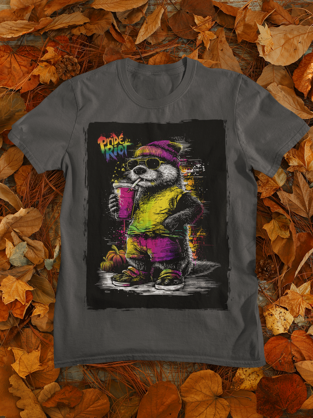 Friendsgiving Otter tee — dark grey heather, front — Pride Riot