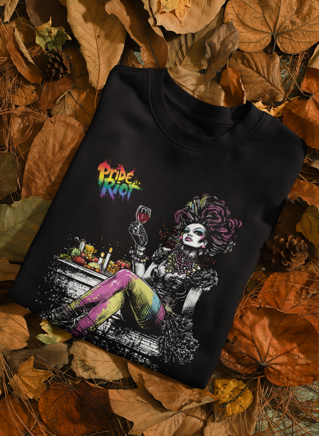 Friendsgiving Queen sweatshirt — black, flat — Pride Riot
