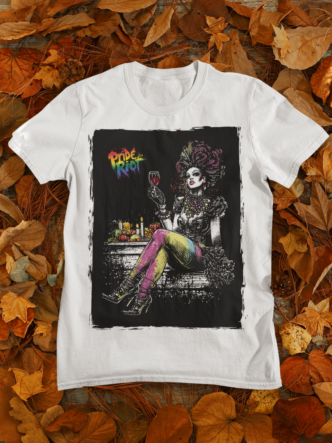 Friendsgiving Queen tee — white, flat — Pride Riot