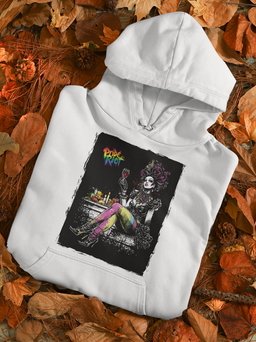 Friendsgiving Queen hoodie — white, flat — Pride Riot