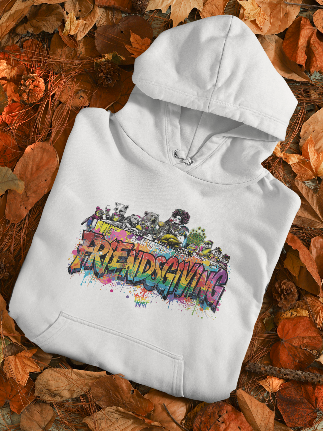 Friendsgiving Royal Feast hoodie — white, front — Pride Riot