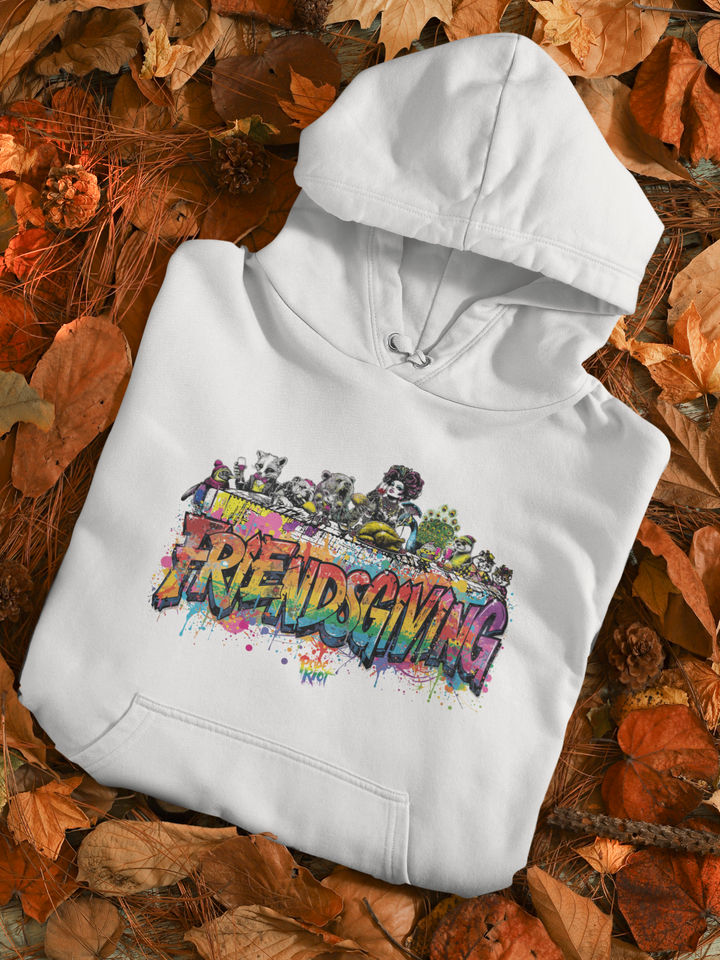 Friendsgiving Royal Feast hoodie — white, front — Pride Riot
