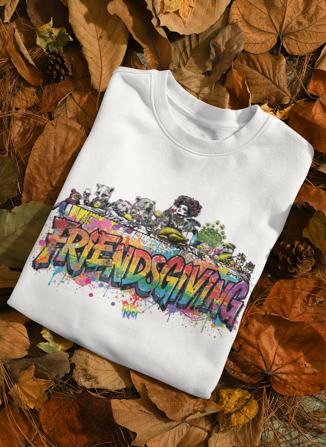 Friendsgiving Royal Feast sweatshirt — white, front — Pride Riot