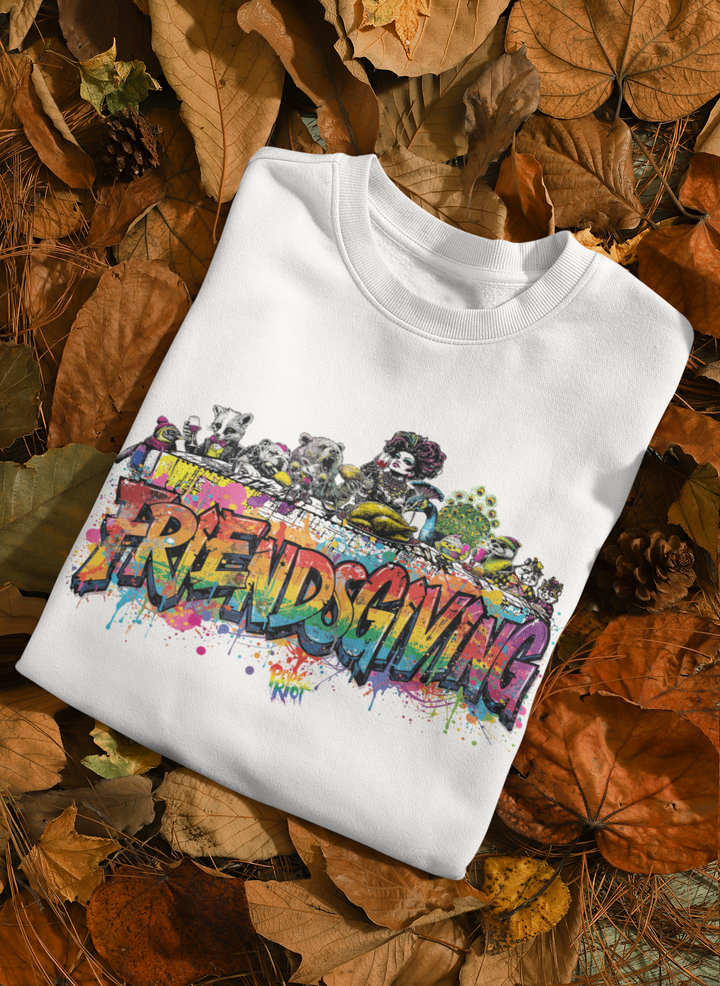 Friendsgiving Royal Feast sweatshirt — white, front — Pride Riot