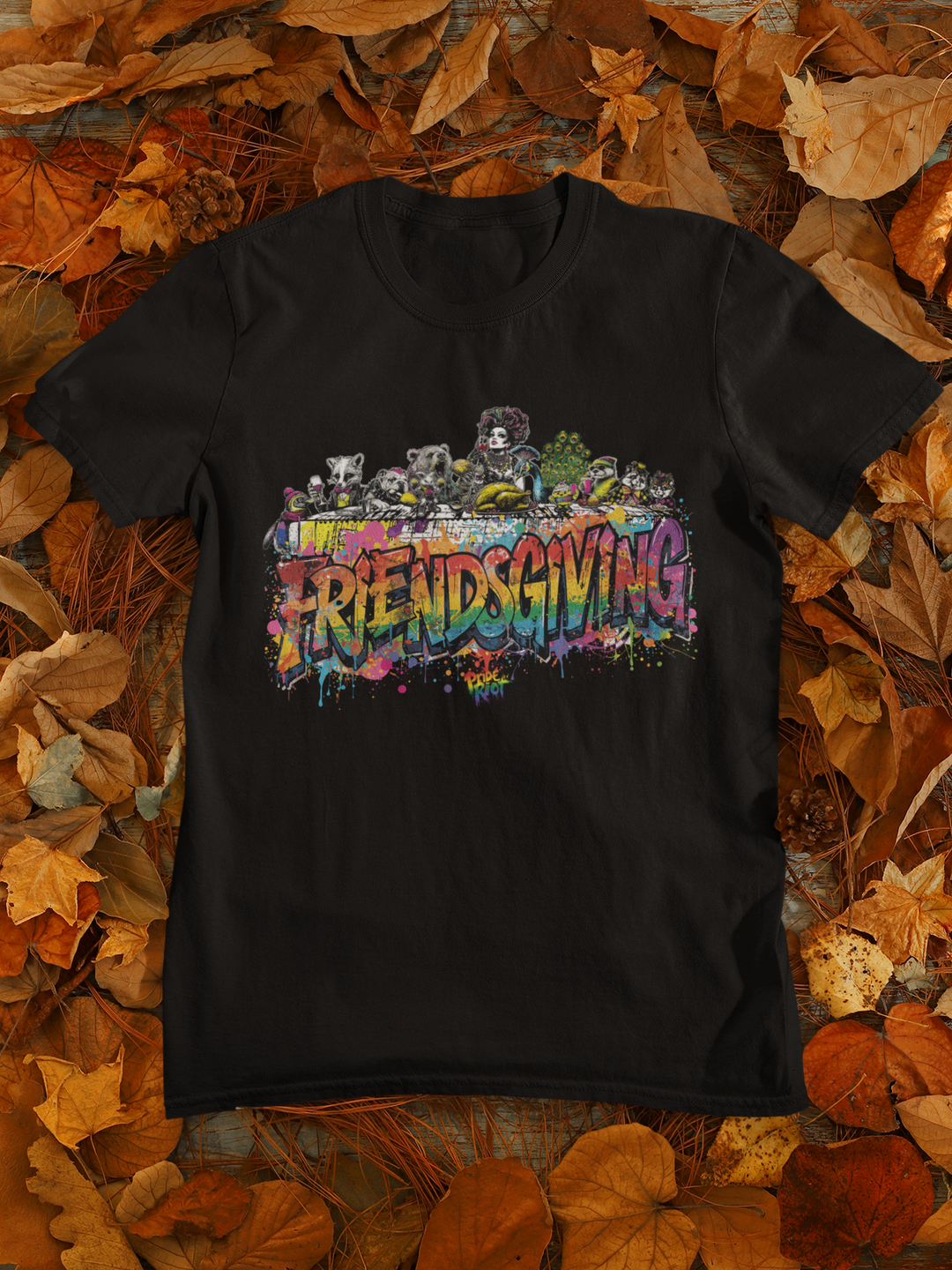 Friendsgiving Royal Feast tee — black, front — Pride Riot