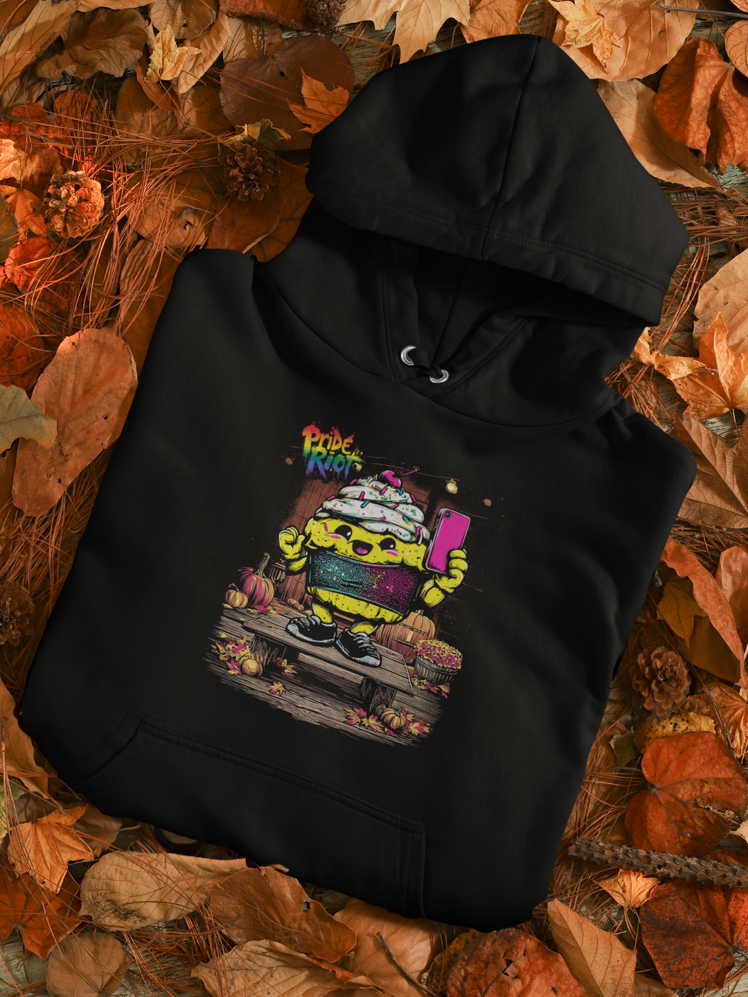 Friendsgiving Tinky Cake hoodie — black, flat — Pride Riot