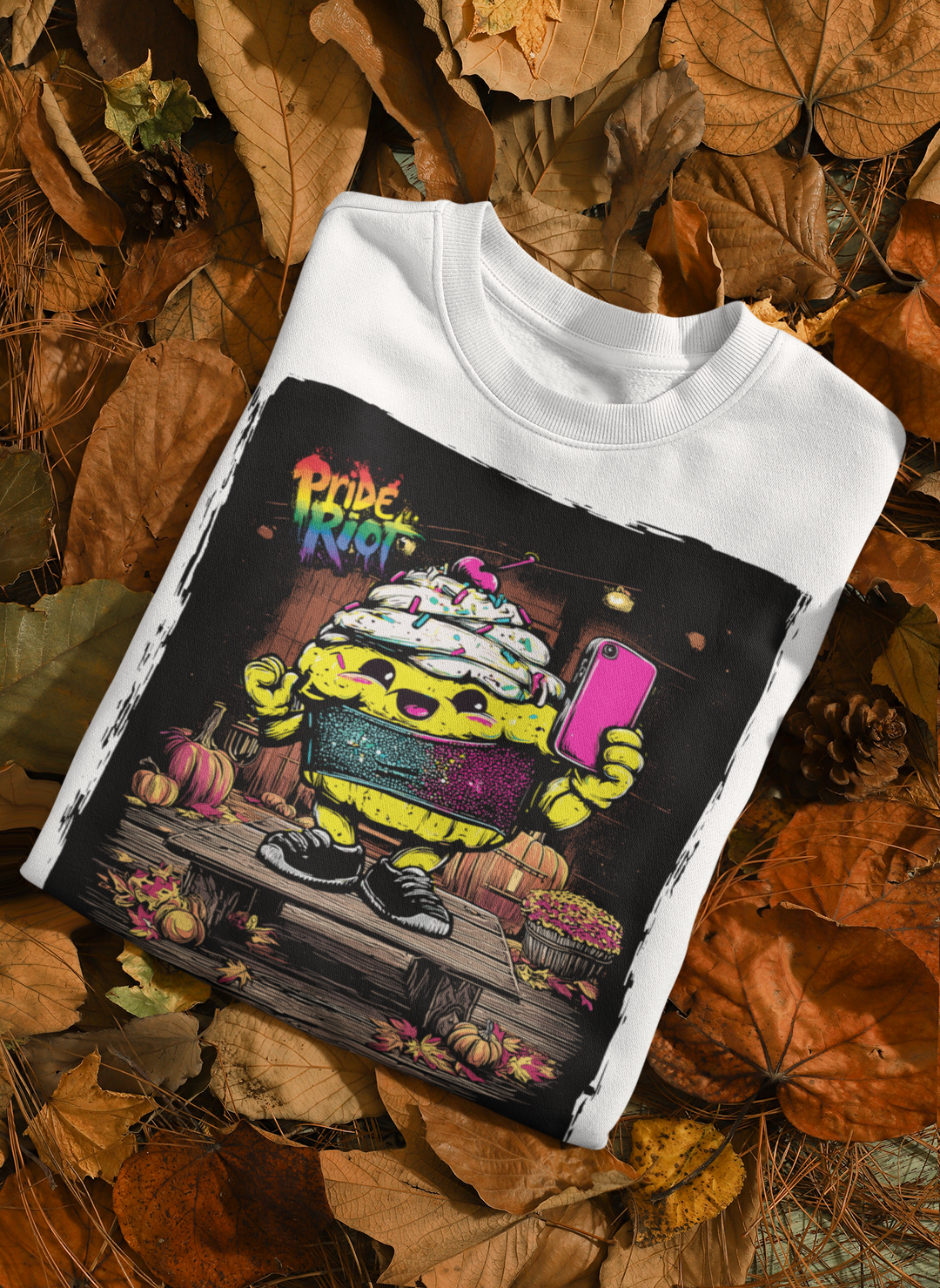 Friendsgiving Tinky Cake sweatshirt — white, flat — Pride Riot