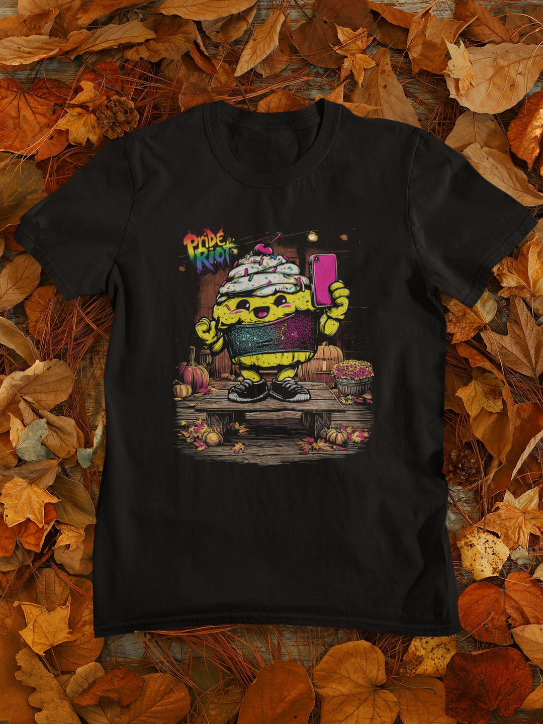 Friendsgiving Tinky Cake tee — black, flat — Pride Riot