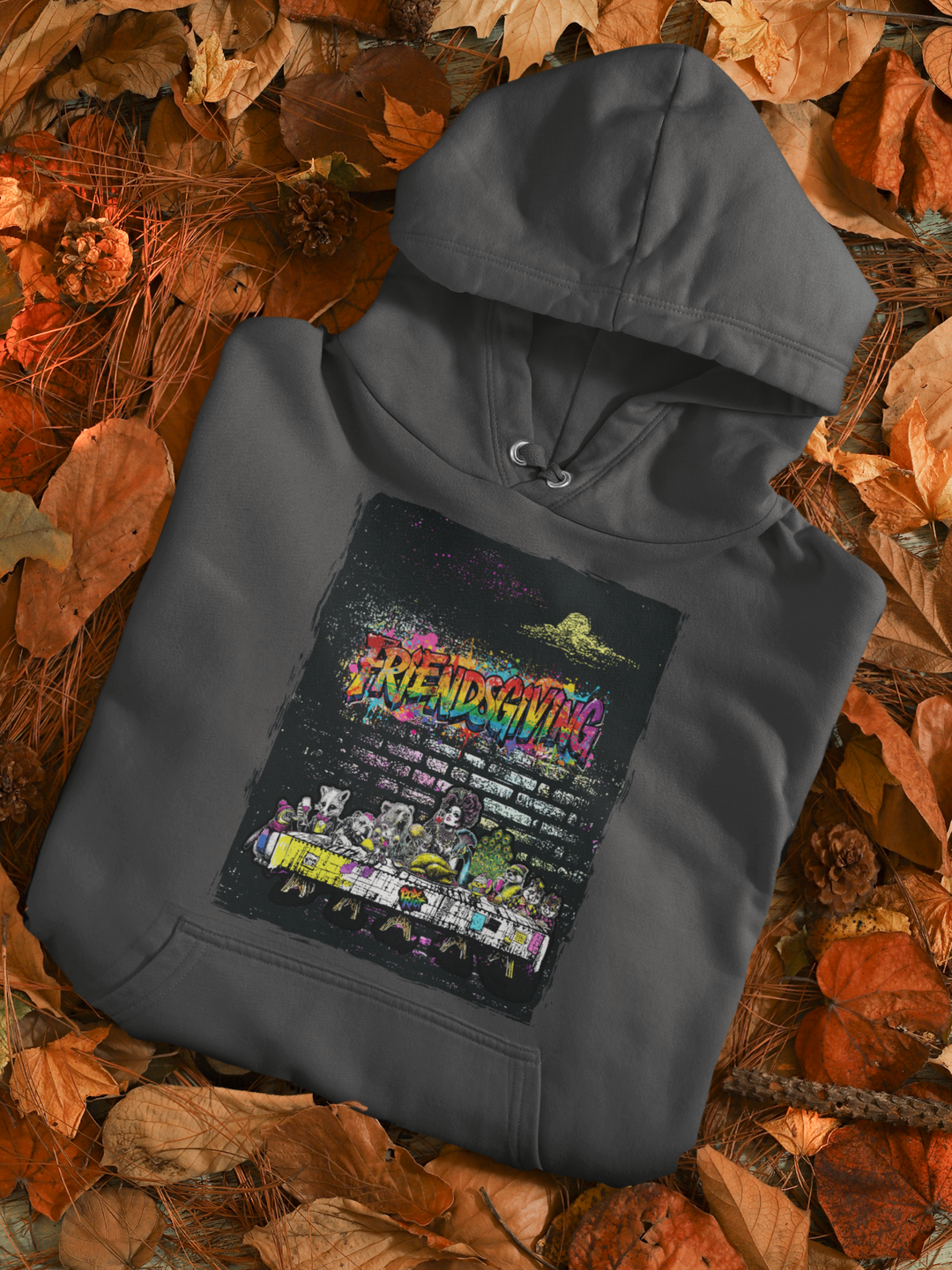 Friendsgiving Wall Feast hoodie — grey, flat — Pride Riot