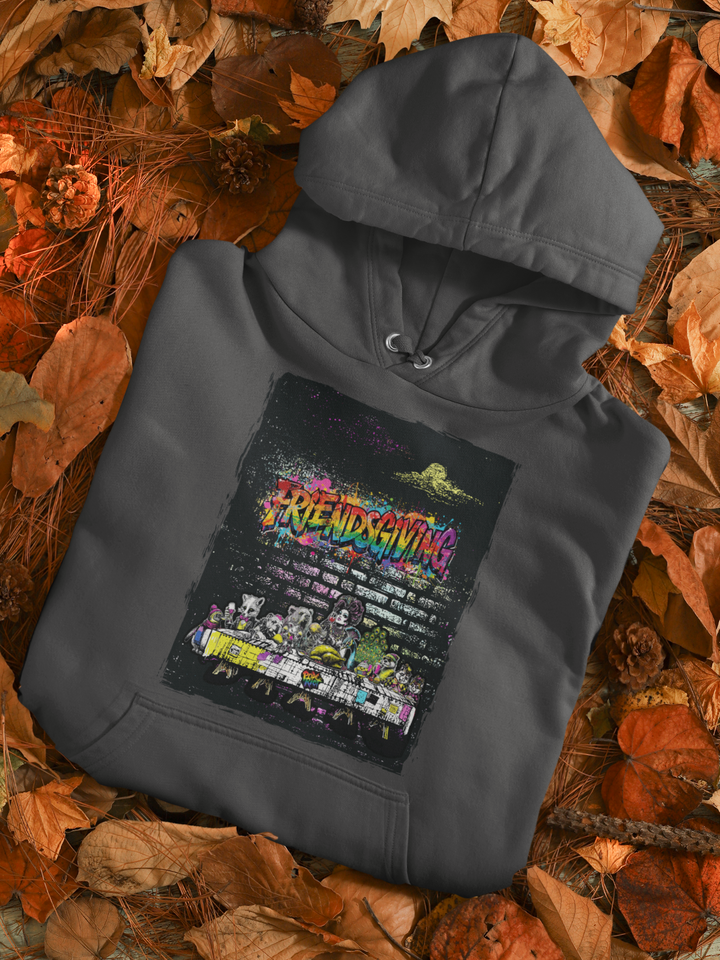 Friendsgiving Wall Feast hoodie — grey, flat — Pride Riot