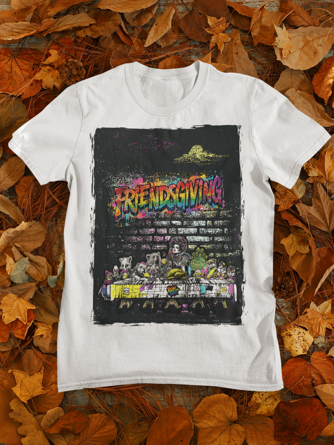 Friendsgiving Wall Feast tee — white, flat — Pride Riot