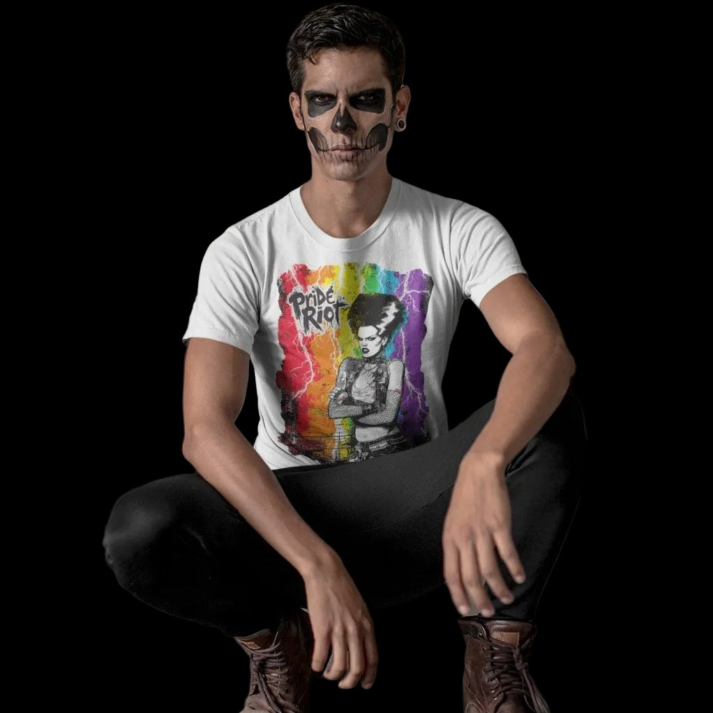 Bride tee worn by a model, white — Pride Riot