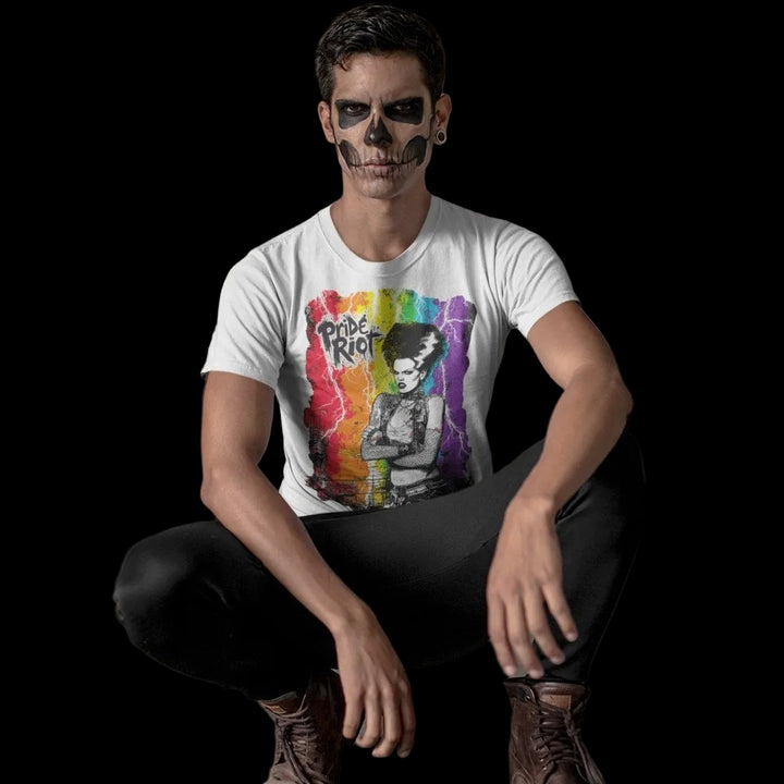 Bride tee worn by a model, white — Pride Riot