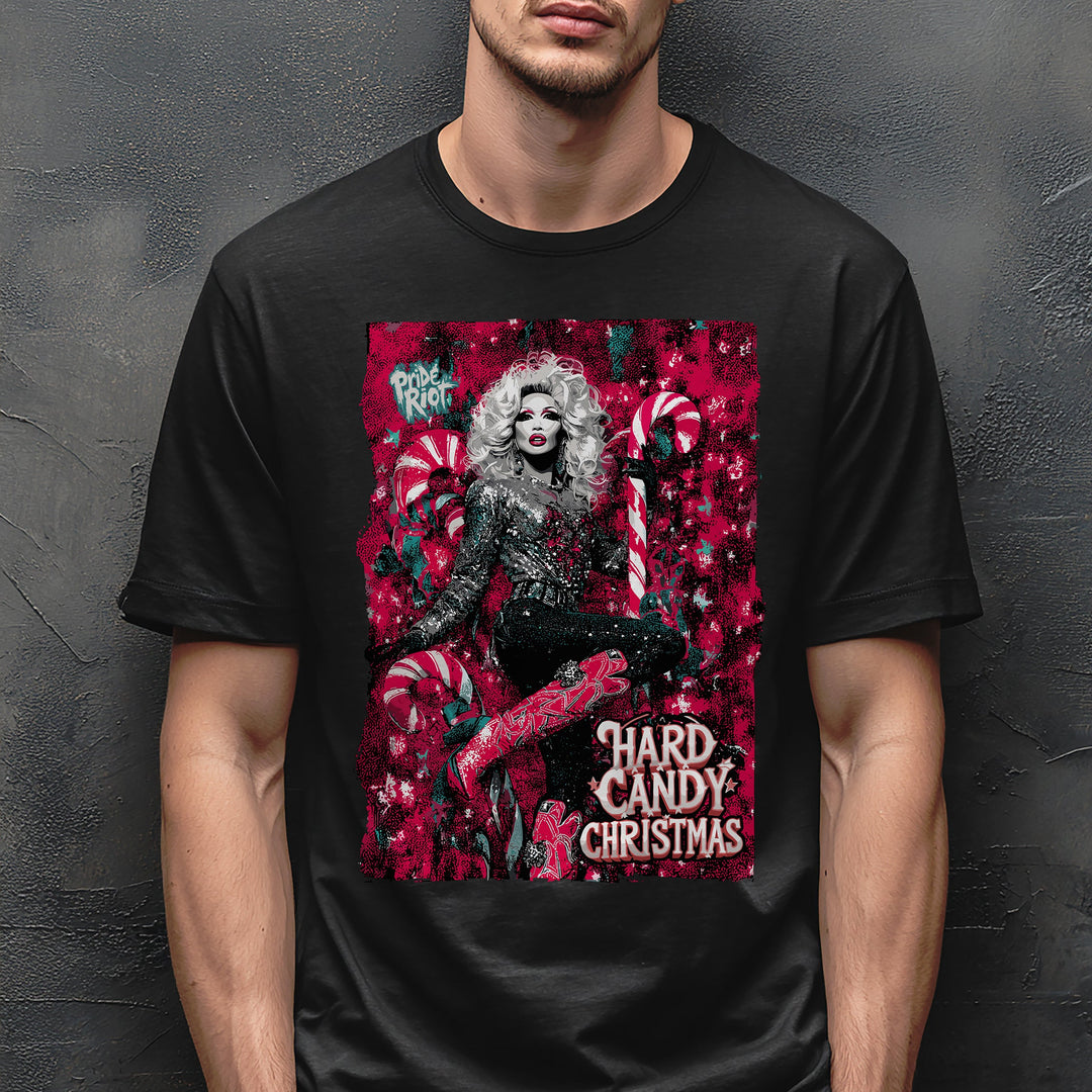 Person wearing a black t-shirt with a colorful graphic design and text on a dark background