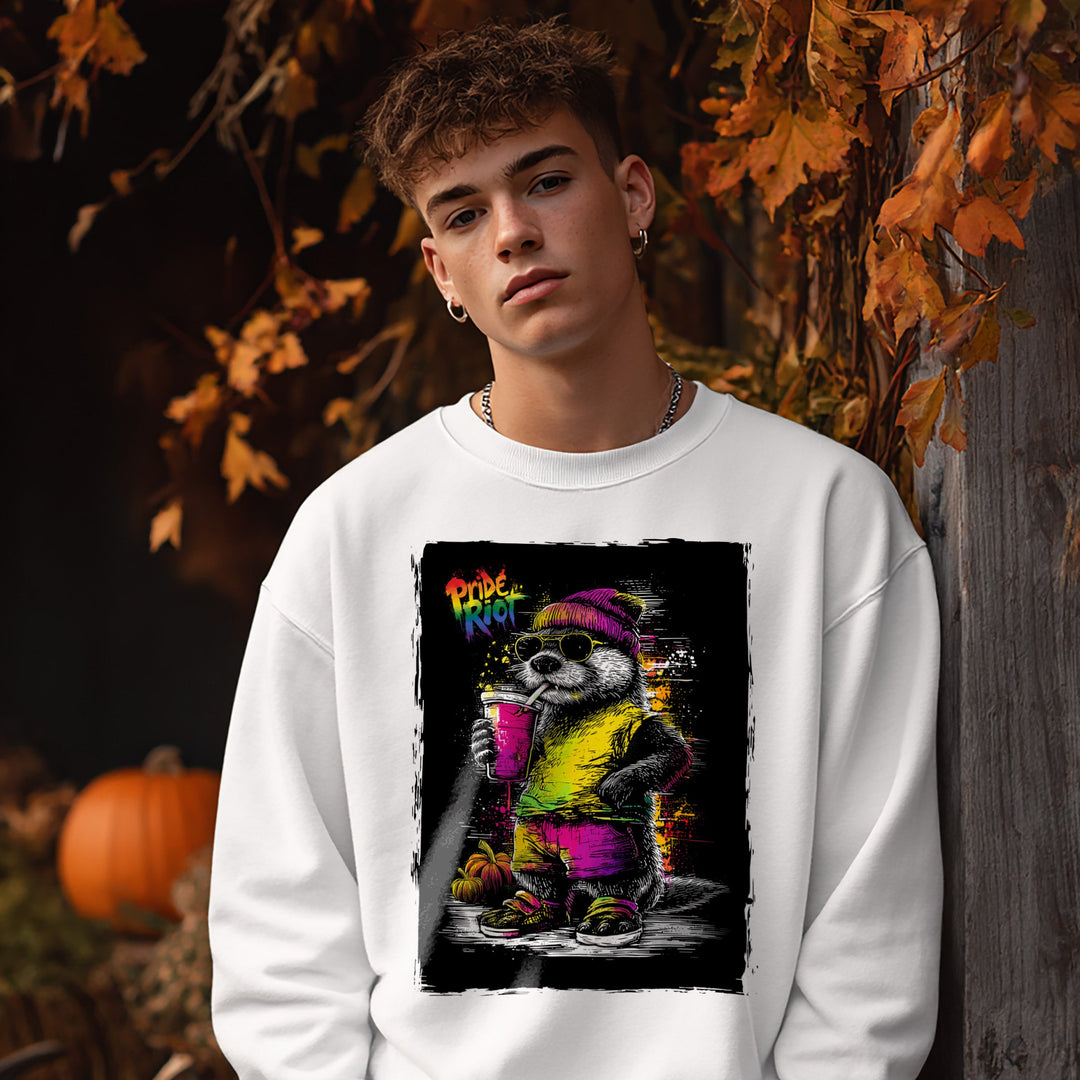 Person wearing a white sweatshirt with a colorful sloth graphic in an autumn setting
