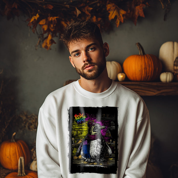 Man wearing a white sweatshirt with a graphic design in front of pumpkins