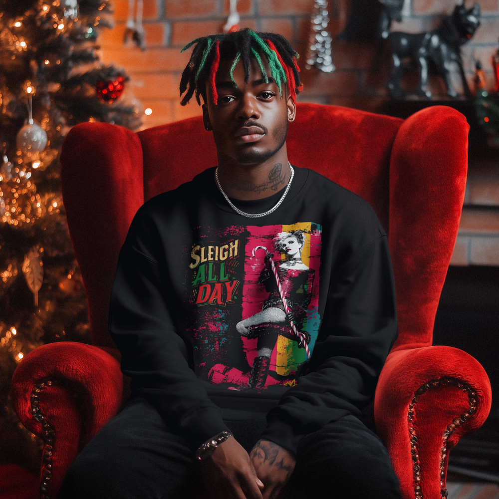 Man sitting in a chair wearing a black Pride Riot holiday sweatshirt