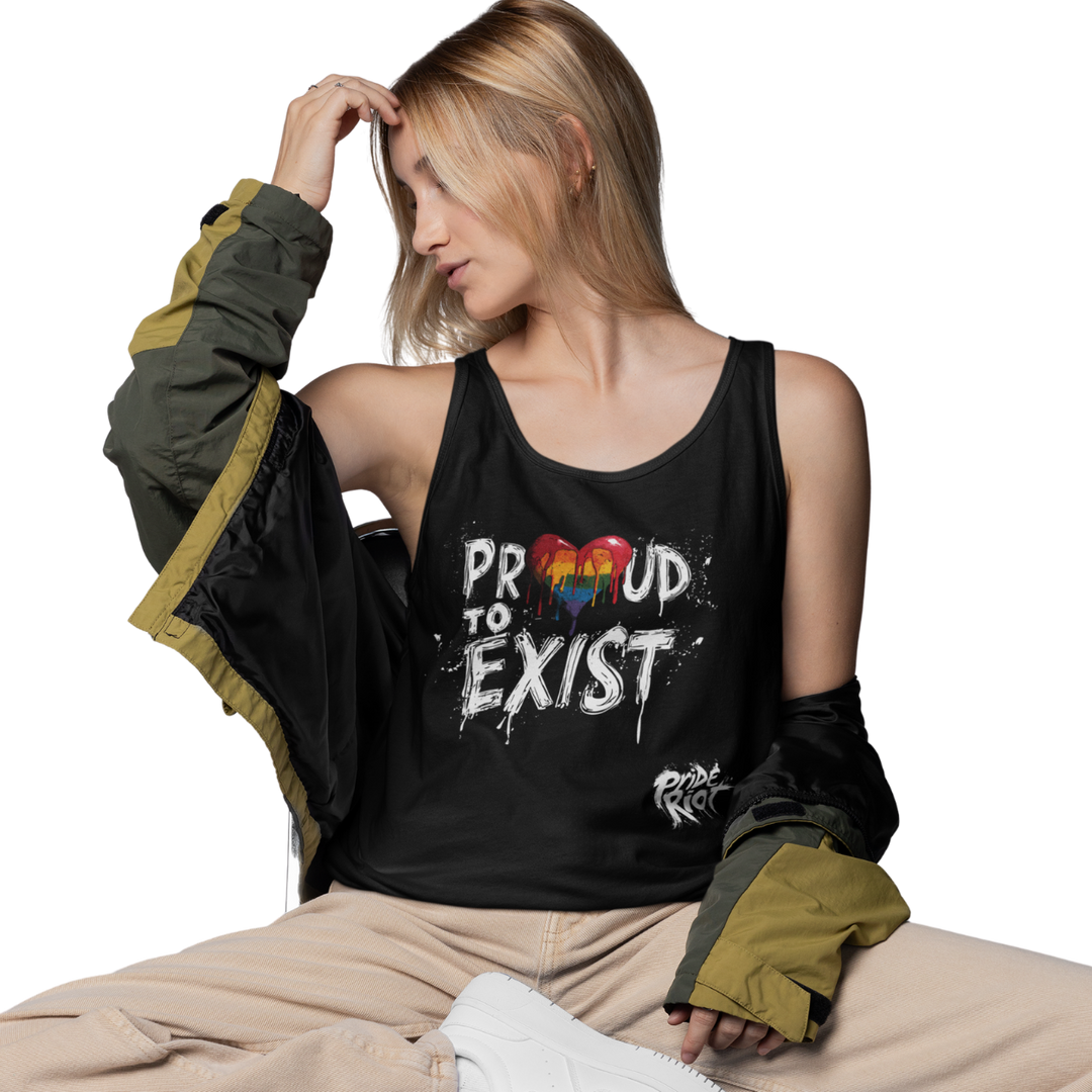Bleeding Hearts Proud to Exist (Dark) — Tank — worn, PRIDE RIOT®