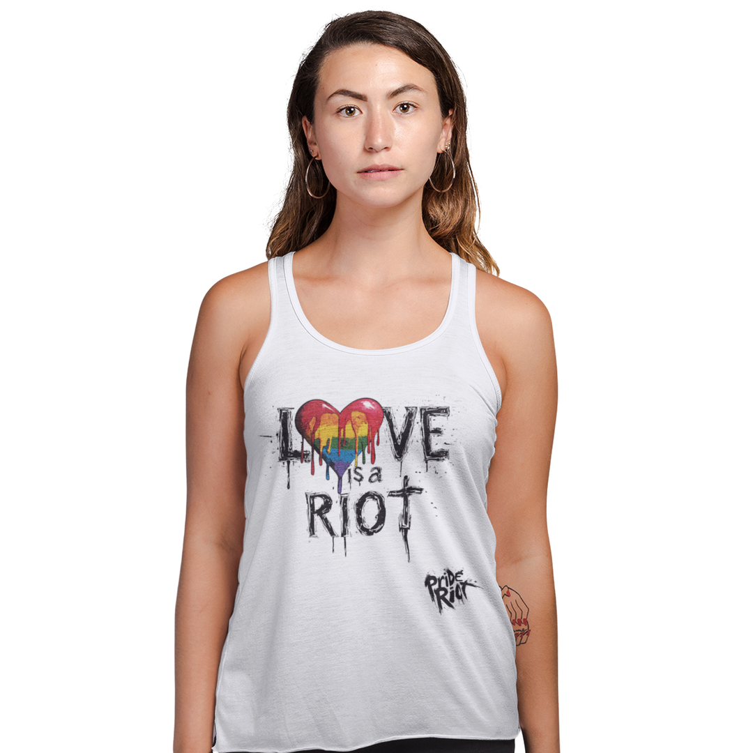 Bleeding Hearts Love is a Riot (Light) — Tank — worn, PRIDE RIOT®